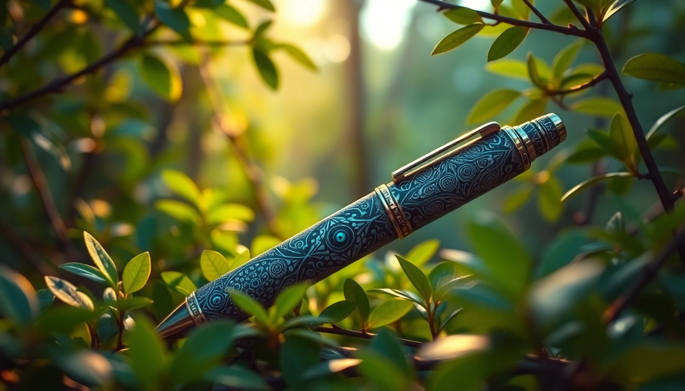 Showcasing a unique third eye dmt pen amidst vibrant foliage, highlighting its intricate psychedelic design.