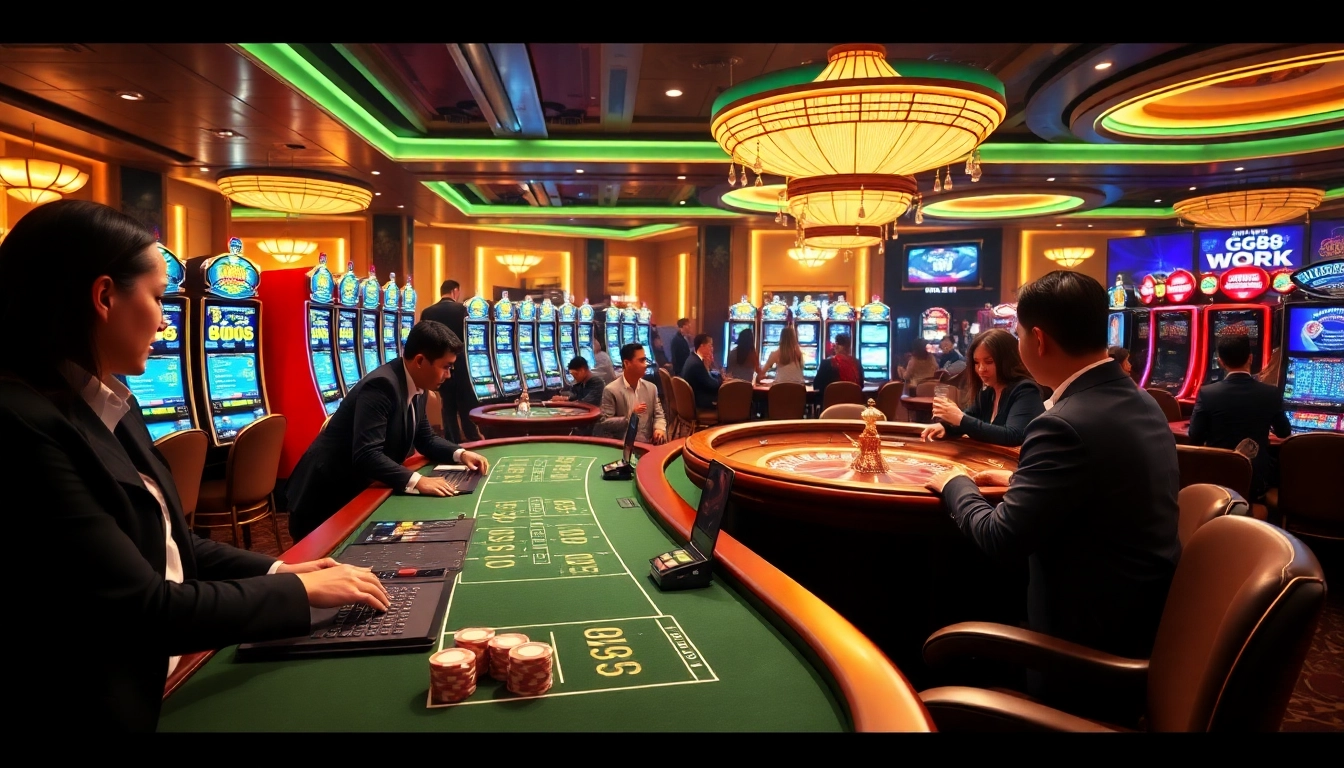 Engaging in exhilarating games at GG88 WORK, where bettors enjoy lively casino tables.