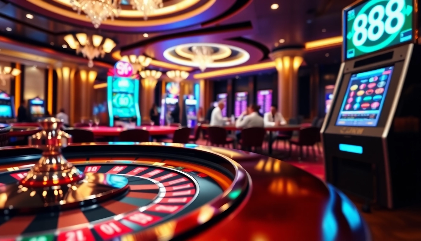 Experience the thrill of gambling with 888NEW at a vibrant casino showcasing roulette, slot machines, and engaged players.