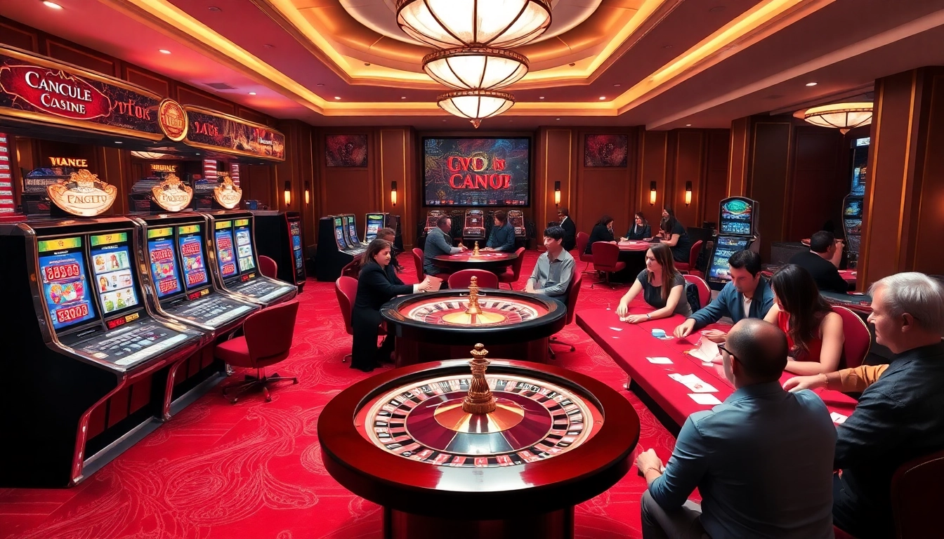 Experience excitement at https://topclub.bond/ with a vibrant casino scene filled with gaming tables and players.