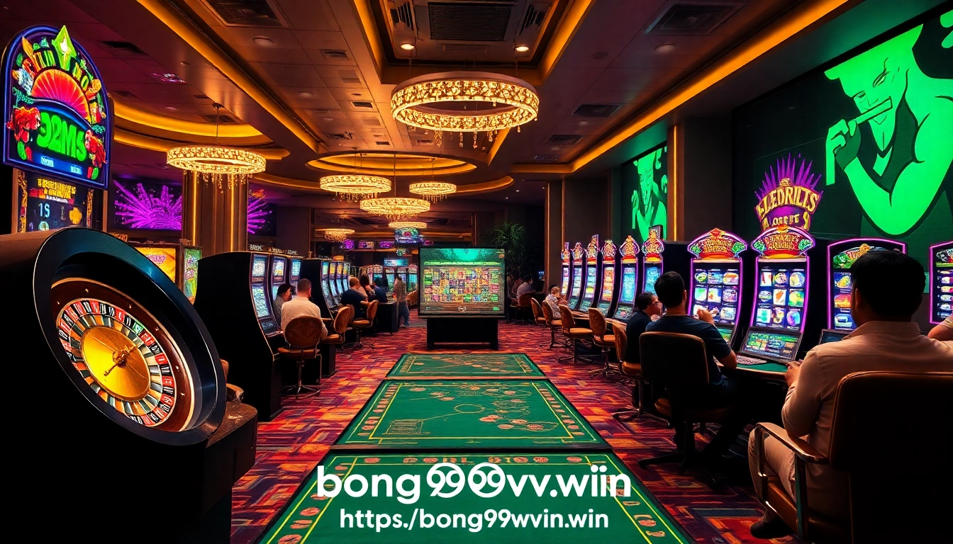 The excitement of winning at https://bong99vn.win/ with colorful slot machines and enthusiastic players in a luxurious casino.