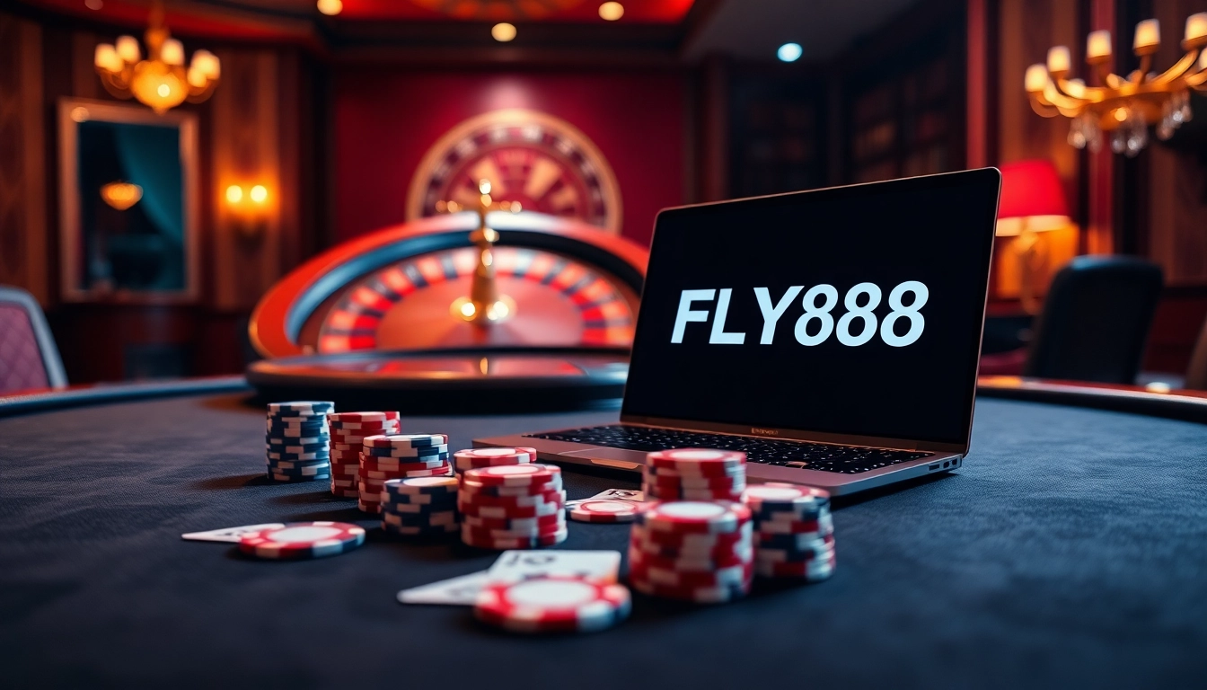 The vibrant casino scene showcasing link dự phòng FLY88 at a luxurious poker table with elegant chips and cards.