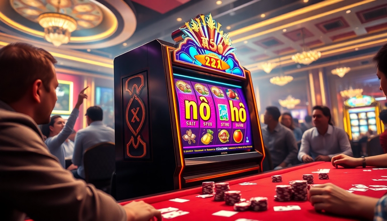 Excited players gathered around a vibrant slot machine showcasing nổ hũ and luxury casino elements.
