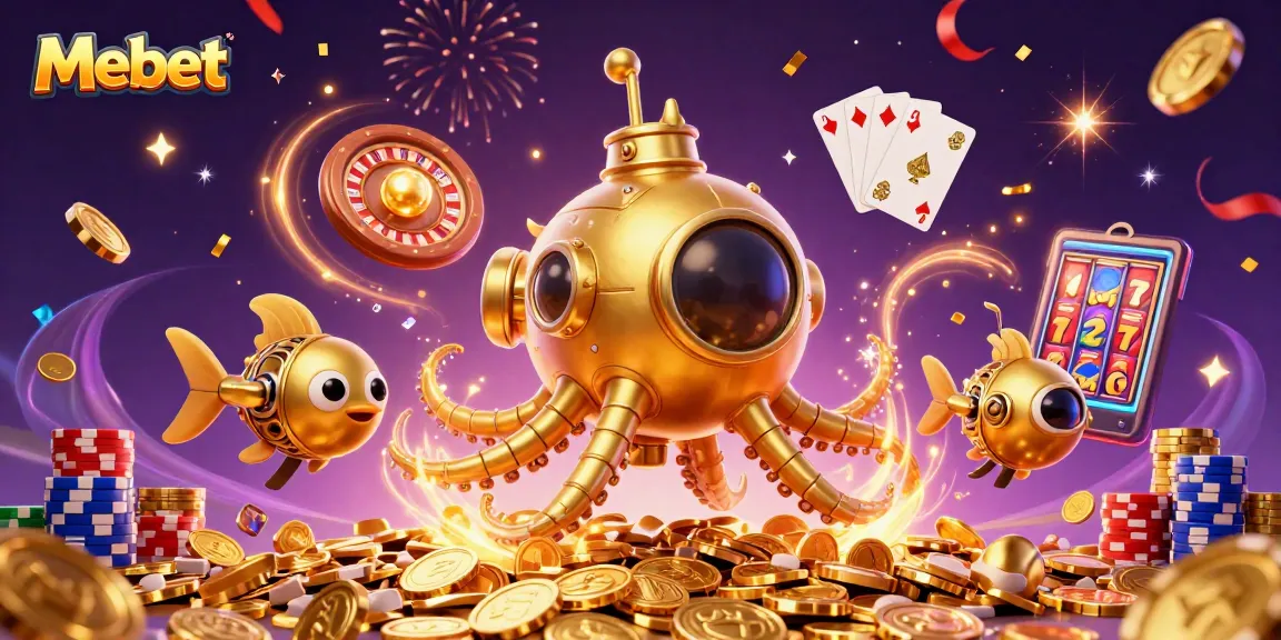 Experience adventures at Mebet, showcasing vibrant gold coins, a kraken submarine, and live casino action.