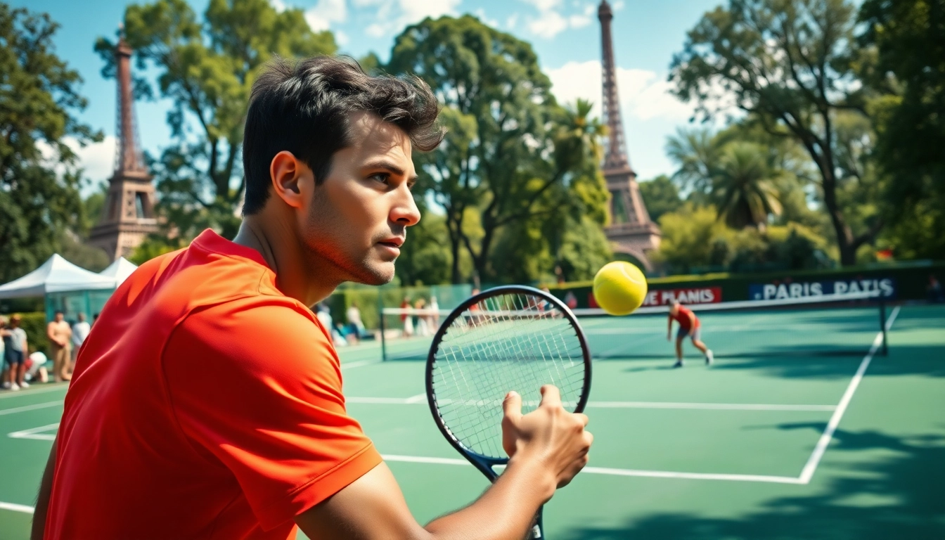 Les joueurs de tennis en action au parc, paris sportif tennis, avec la Tour Eiffel en arrière-plan. related image