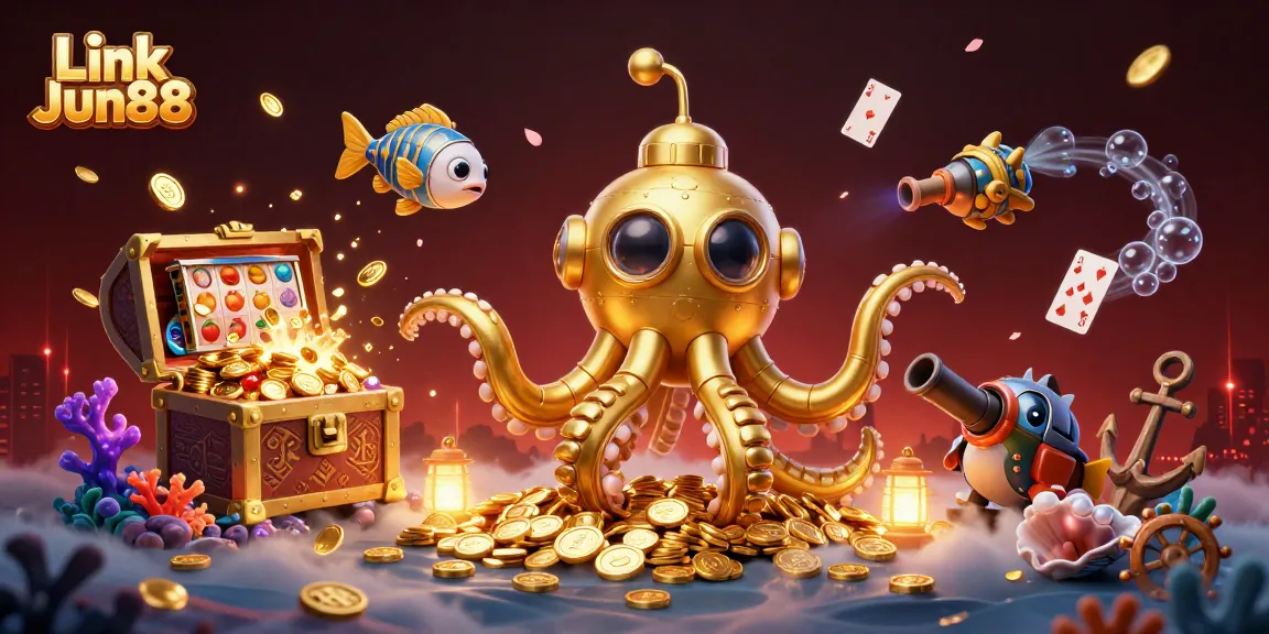 Play games at Link Jun88 with a vibrant 3D casino illustration showcasing winning potential.