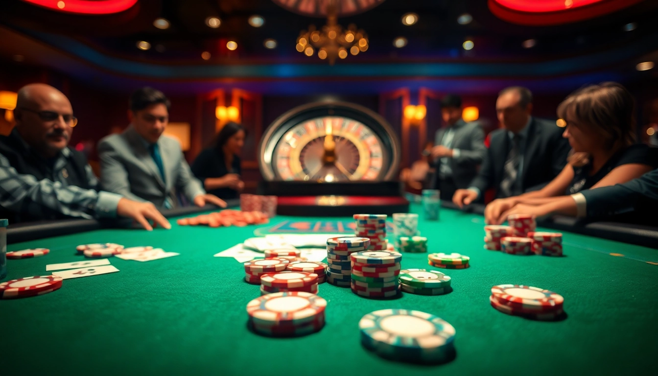 Profitez d'une ambiance de casino en ligne France animée avec des joueurs passionnés et une table de jeux éclairée.