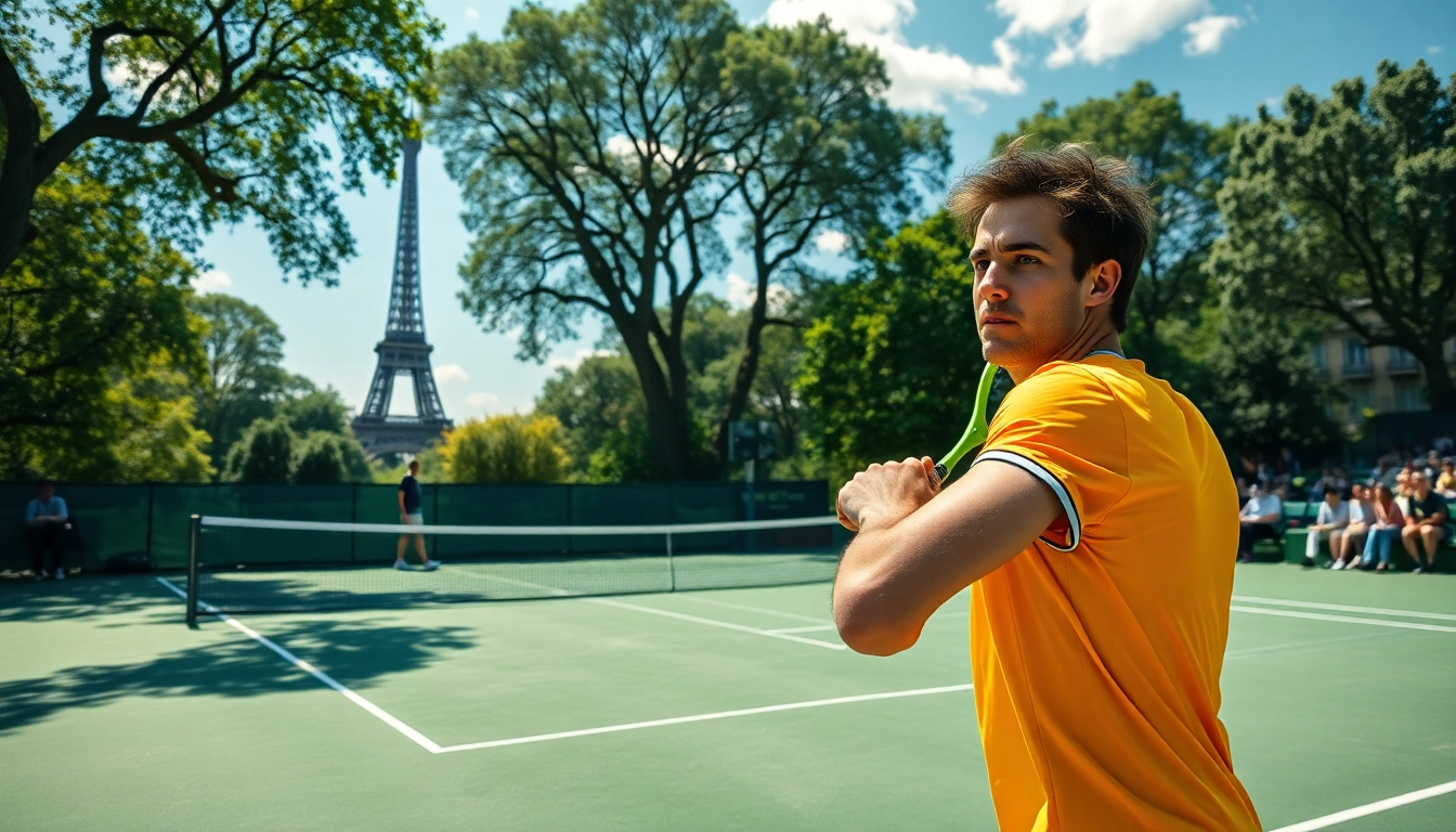 Les joueurs de tennis en action au parc, paris sportif tennis, avec la Tour Eiffel en arrière-plan.