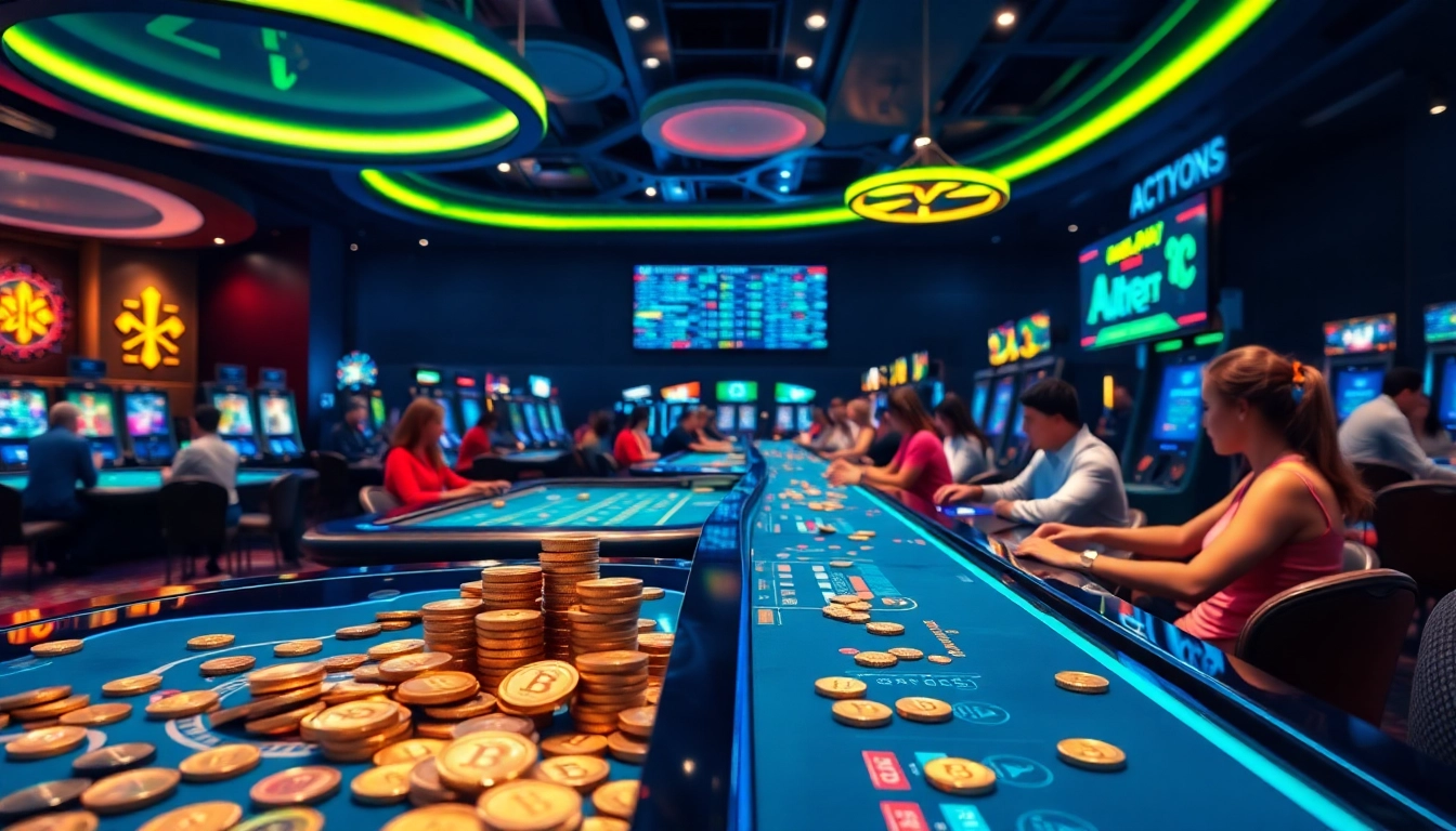 Jouez dans un crypto casino moderne avec des jetons colorés et des tables de jeux animées.