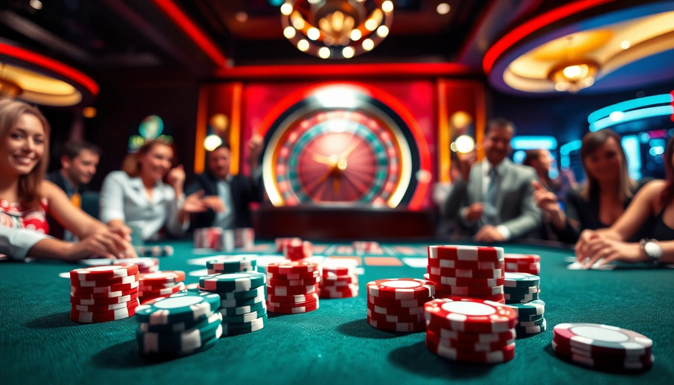 Profitez d'une ambiance de casino en ligne France animée avec des joueurs passionnés et une table de jeux éclairée. related image