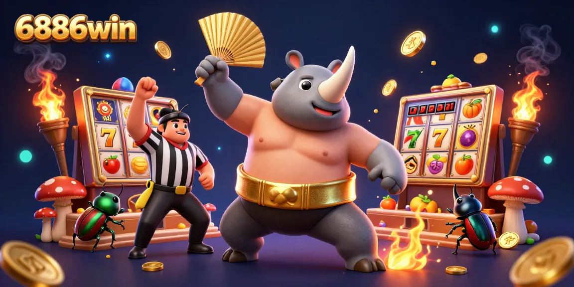 Engage in thrilling gameplay at 6886win, featuring cartoon beetle champions amidst a vibrant casino scene.