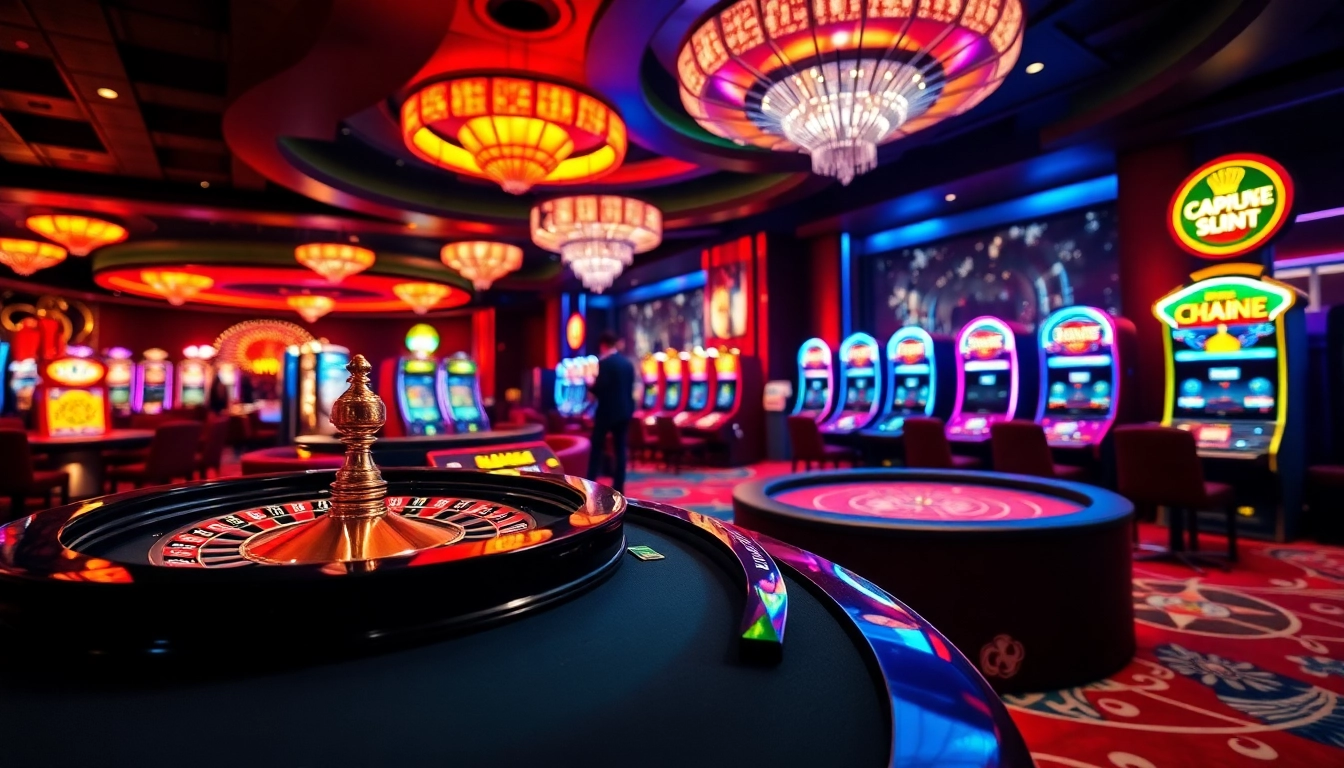 Casino en ligne vibrant avec une roulette et des tables de poker, ambiance excitante. related image
