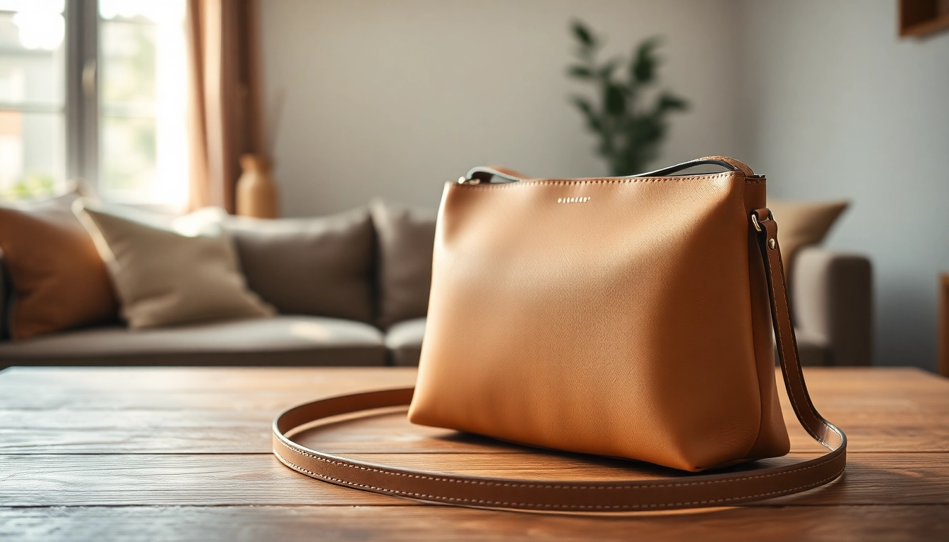 Admire the élégante pochette bandoulière displayed beautifully against a minimalist backdrop.