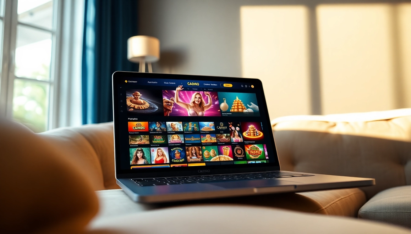 Jouer à un casino en ligne France avec une interface élégante sur un ordinateur portable dans un cadre confortable.