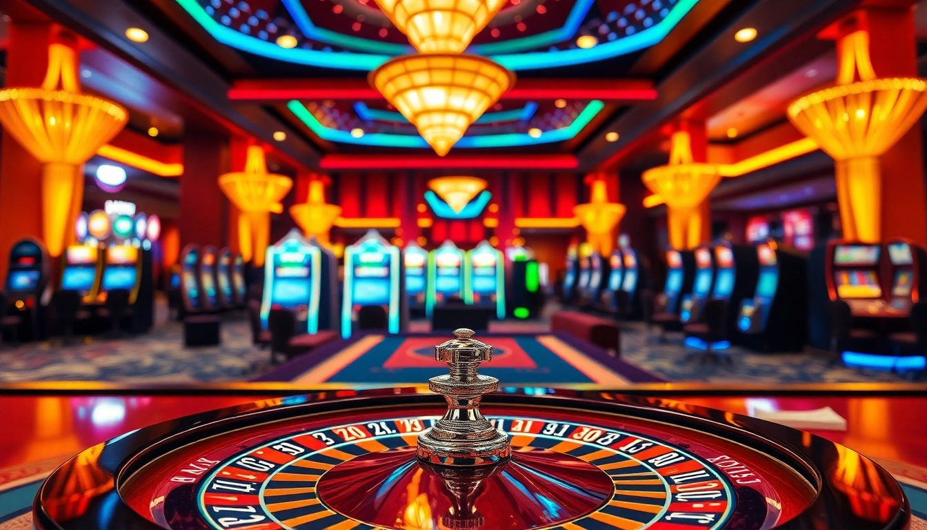 Casino en ligne vibrant avec une roulette et des tables de poker, ambiance excitante.