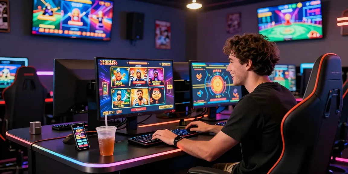 Un joueur engagé dans un casino en ligne, entouré de jeux colorés et d’une ambiance immersive, représentant l’excitation du casino en ligne.