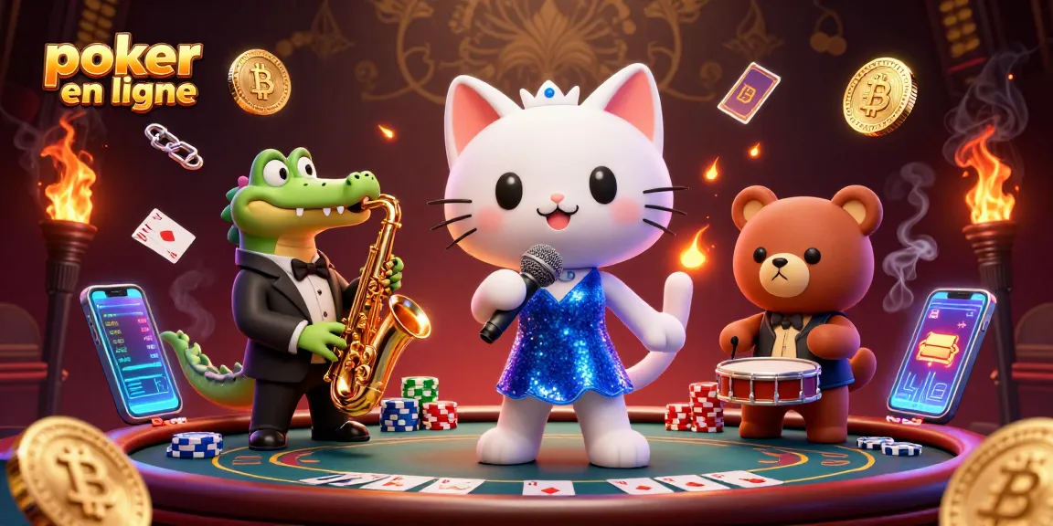 Jouez au poker en ligne avec une ambiance festive, tables, jetons et personnages animés.