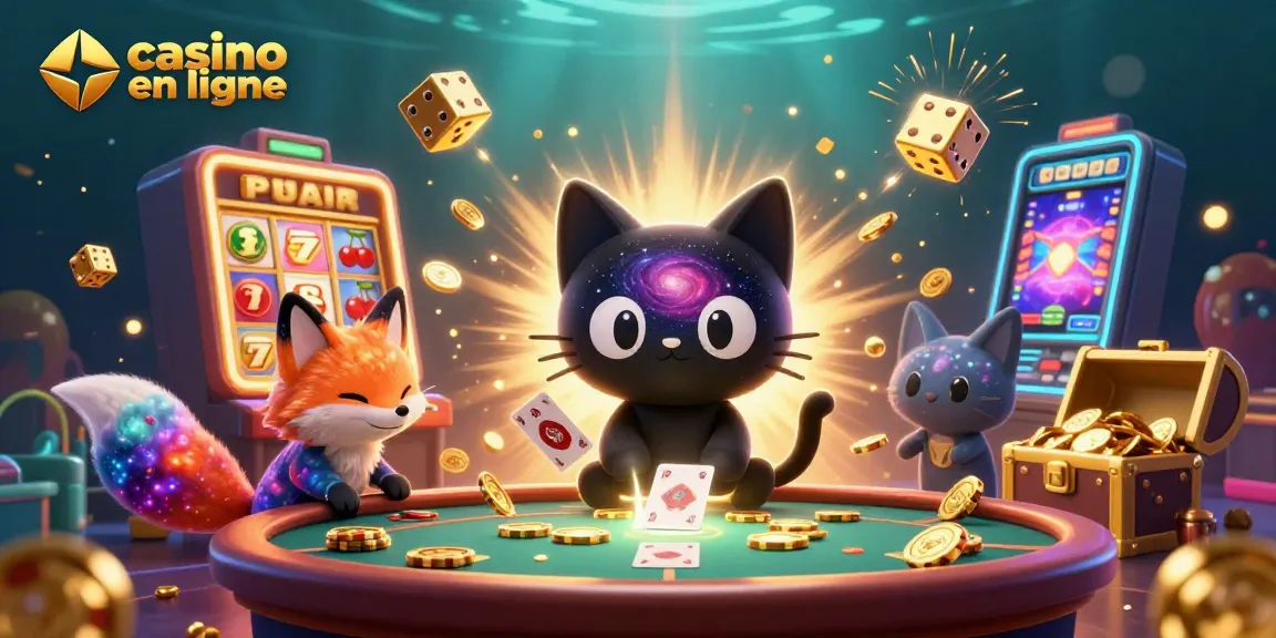 Plongez dans le casino en ligne avec un chat noir gravitationnel en action, des jetons et des jeux éclatants.