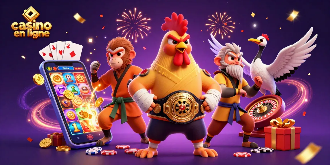 Jouez sur un casino en ligne avec des personnages de combat et des jeux variés dans une illustration dynamique.