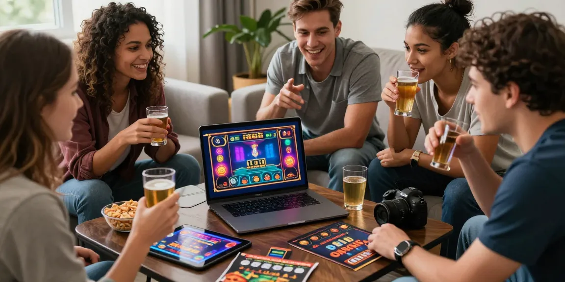 Groupe d'amis jouant au casino en ligne, ambiance festive et stratégique.