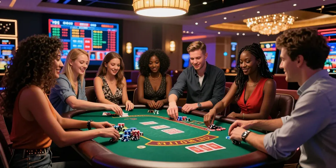 Scène de casino en ligne avec des amis jouant au blackjack, ambiance colorée et moderne