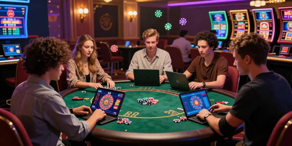 Des joueurs captivés par un casino en ligne, avec des jeux de poker et des machines à sous en arrière-plan.