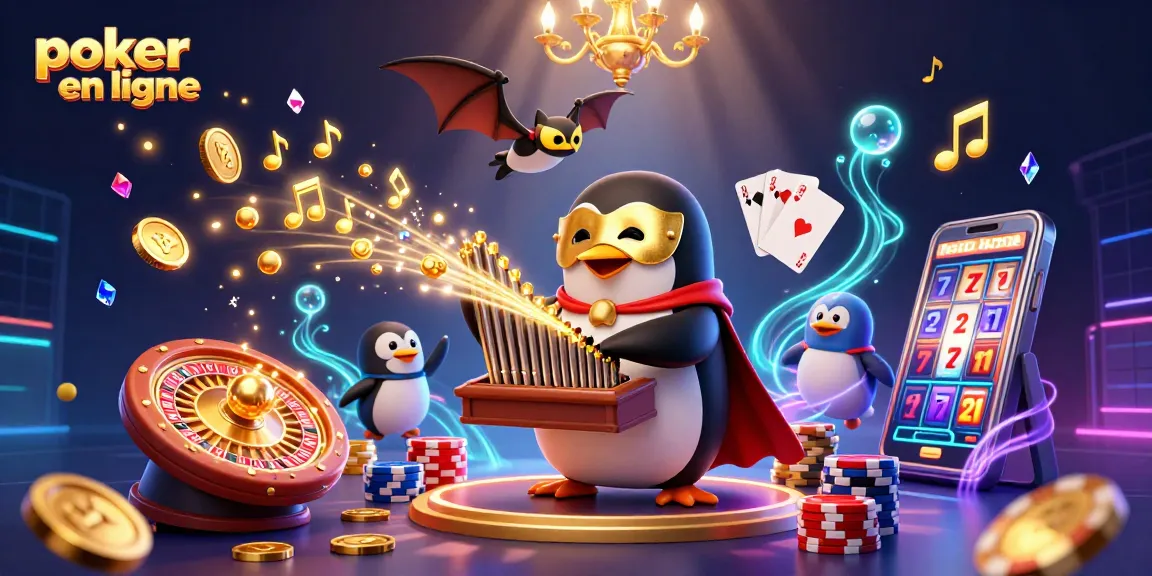 Explorez le poker en ligne avec un pingouin fantôme jouant de l'orgue, des pièces d'or en vol.