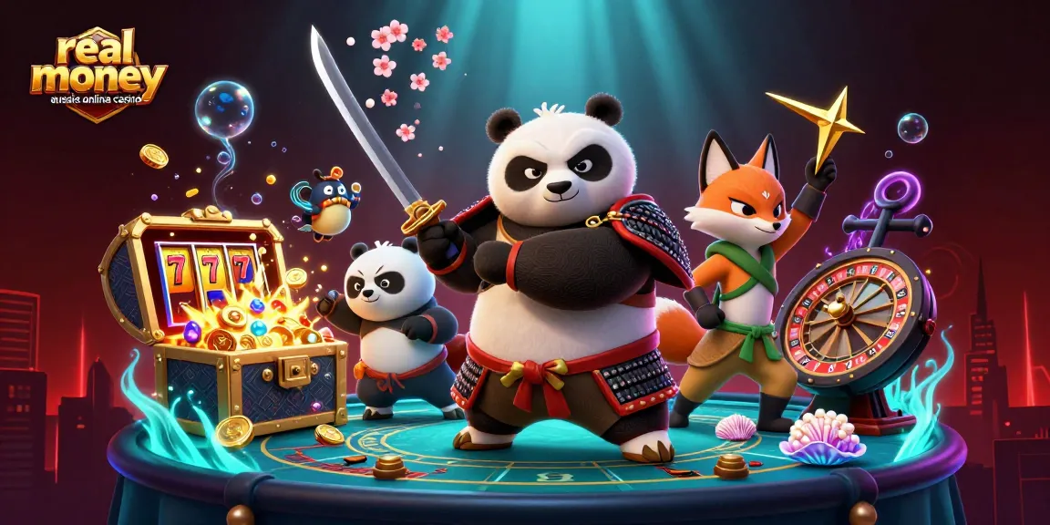Explore the vibrant scene of a real money aussie online casino with animated characters and gaming elements.