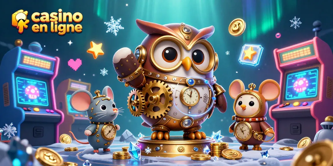 Visualisez un captivant casino en ligne avec un hibou steampunk et un compagnon impliqué dans une aventure ludique.