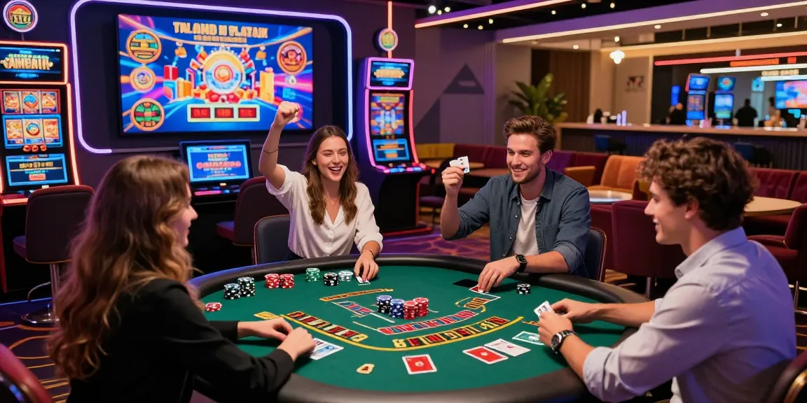 Scène de casino en ligne avec des joueurs célébrant une victoire et jouant à des jeux populaires, ambiance festive et immersive.