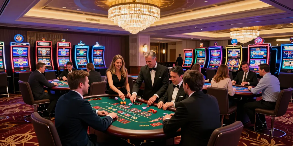 Ambiance de casino en ligne avec joueurs engagés et tables colorées, révélant l'excitation des jeux.