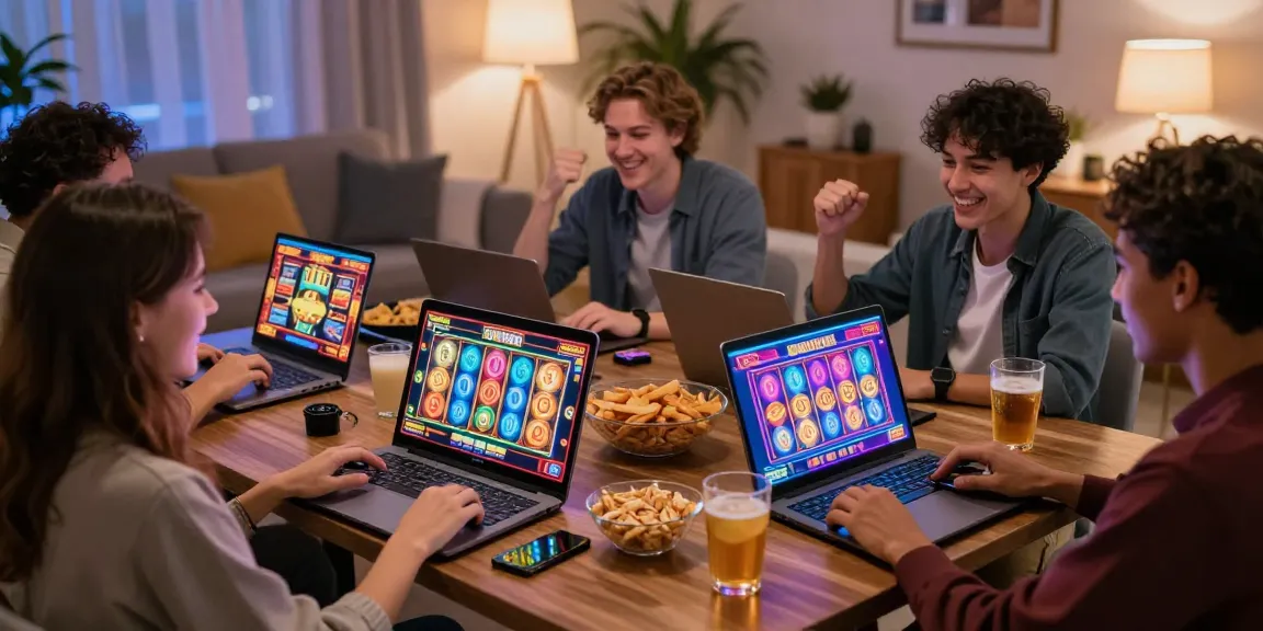 Amis jouant à des jeux de casino en ligne sur ordinateurs et mobiles, ambiance conviviale.