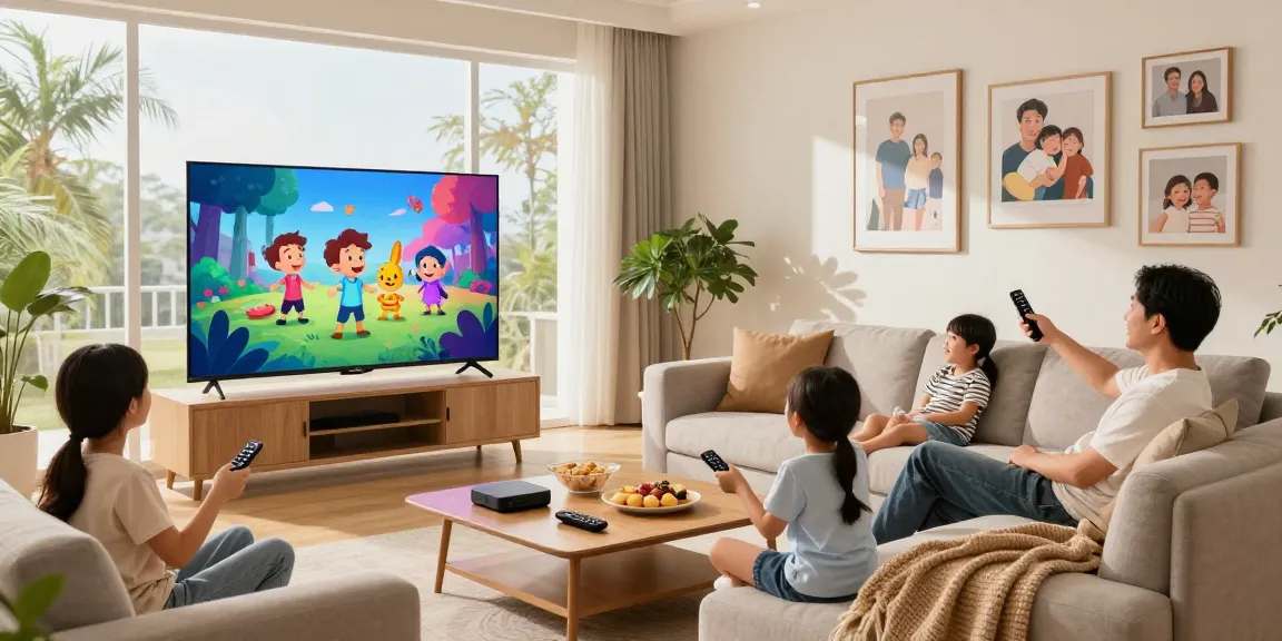 Family using Iron tv pro on smart TV in a cozy living room