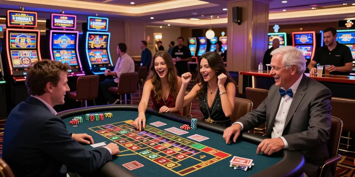 Joueurs au casino en ligne vibrant, avec des jeux de roulette et des machines à sous, ambiance festive et lumineuse.