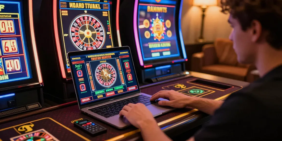 Jeu de casino en ligne captivant avec un joueur sur son ordinateur portable, mettant en avant les jeux de roulette et de machines à sous.