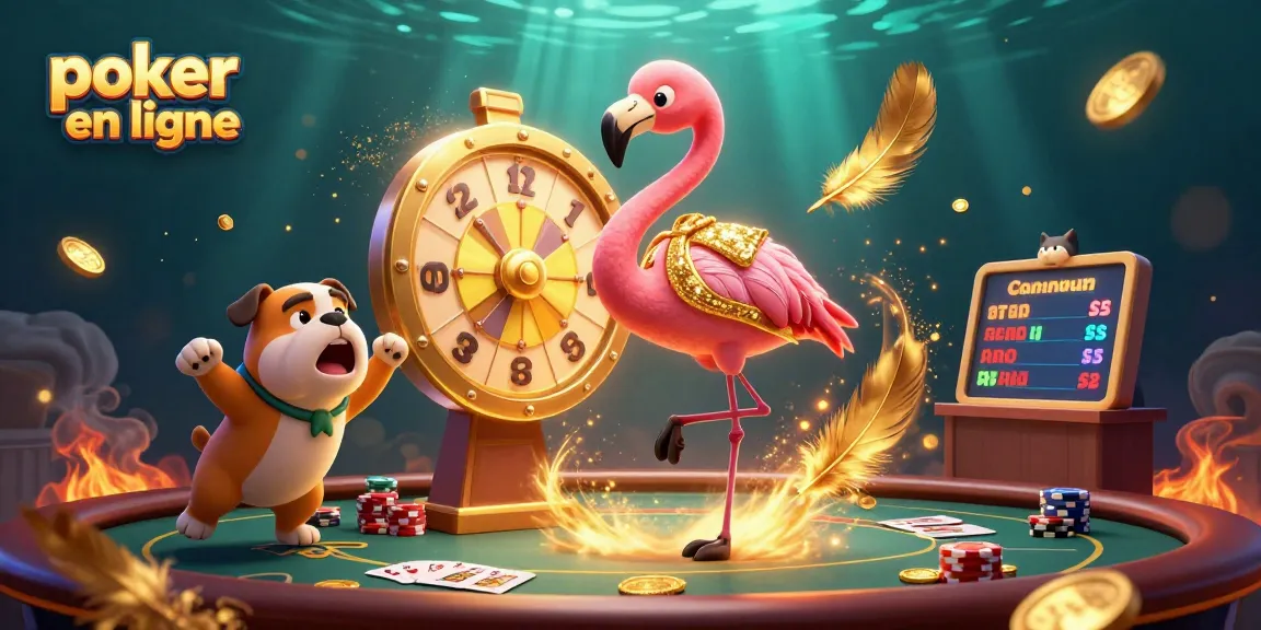 Découvrez le poker en ligne avec une illustration dynamique, incluant des jeux de cartes et une atmosphère de casino.