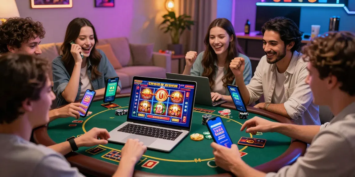 Scène de jeu en ligne avec des amis profitant de casinos en ligne légaux en France, ambiance dynamique et festive.