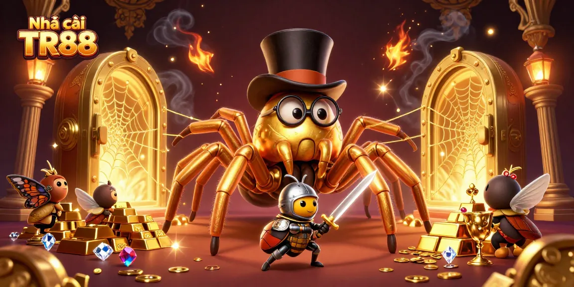 Play and win at Nhà cái TR88 with a golden tarantula theme, showcasing exciting casino elements.