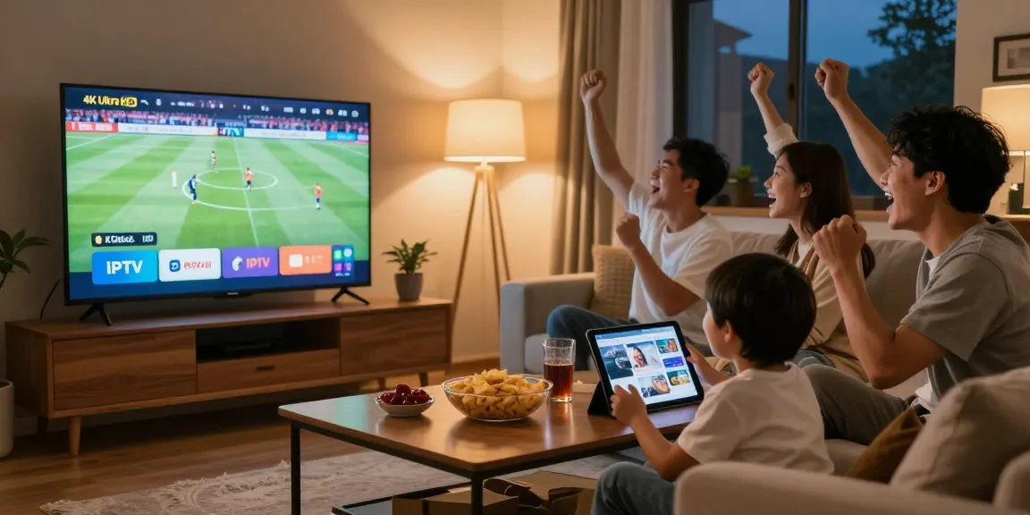 Abonnement IPTV : famille regardant un match en 4K dans un salon chaleureux