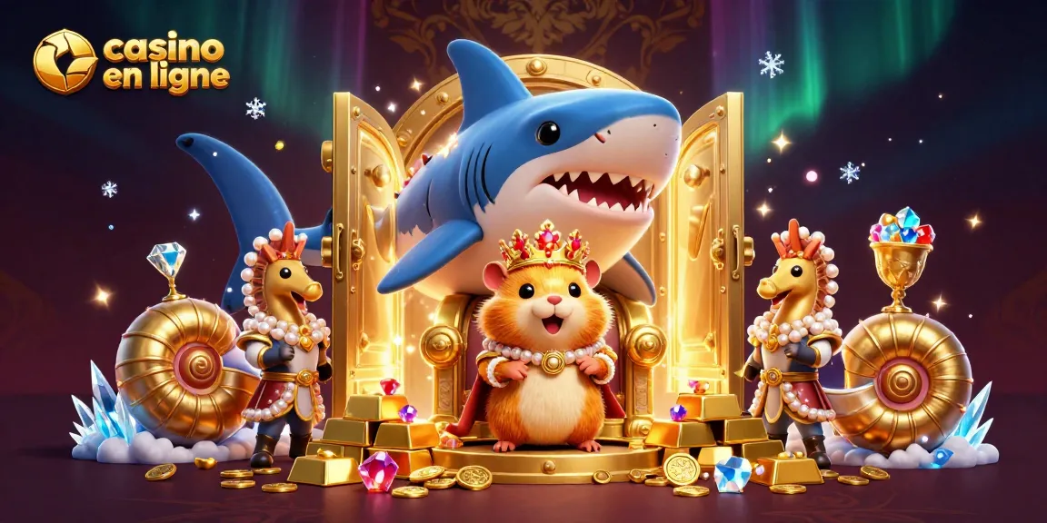 Plongez dans l'univers captivant du casino en ligne avec un roi hamster doré sur son trône de dents de requin, entouré de trésors.