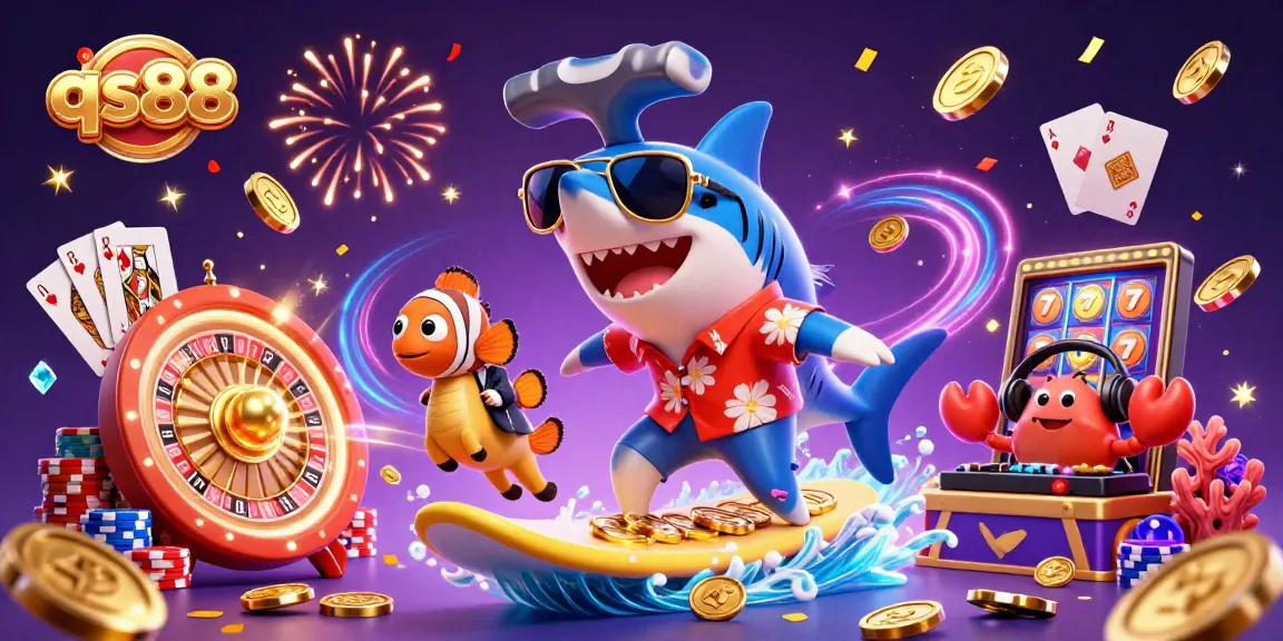 Feel the thrill at qs88 with a shark surfing gold coins amidst dazzling casino elements.