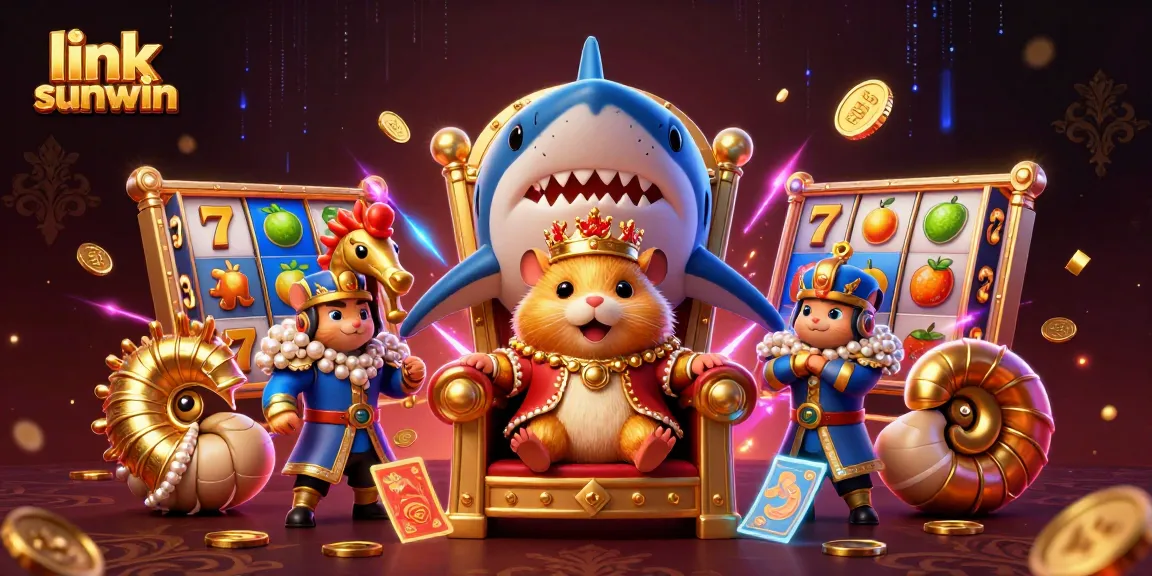 Engage in thrilling gameplay with link sunwin as the golden hamster king rules from a megalodon throne amidst vibrant 3D gaming elements.