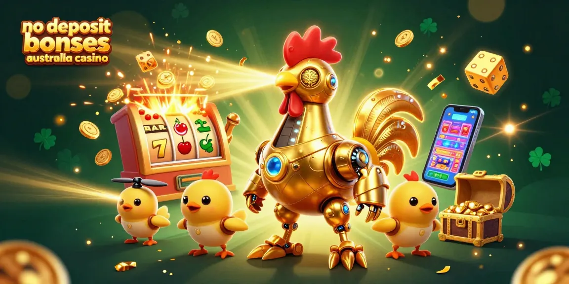 Experience exciting no deposit bonuses australia casino with a dynamic retro-futuristic scene featuring a golden rooster robot.