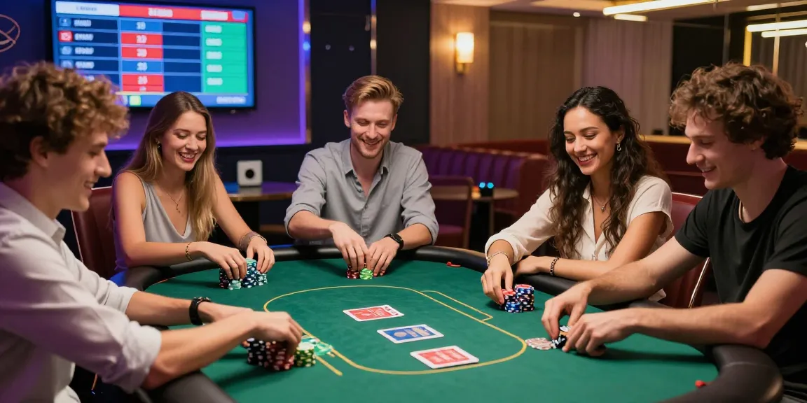Groupe jouant à des jeux de casino en ligne avec des cartes et des jetons, ambiance festive.