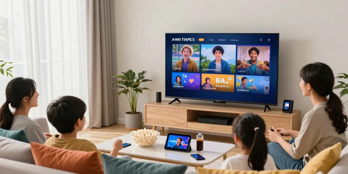 Un abonnement IPTV pour toute la famille, regardant une émission ensemble dans un salon moderne avec une ambiance chaleureuse.