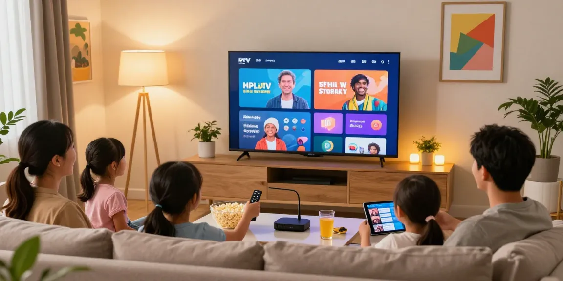 Une famille profitant d'un abonnement IPTV dans un salon chaleureux, regardant leurs chaînes préférées sur un grand téléviseur.