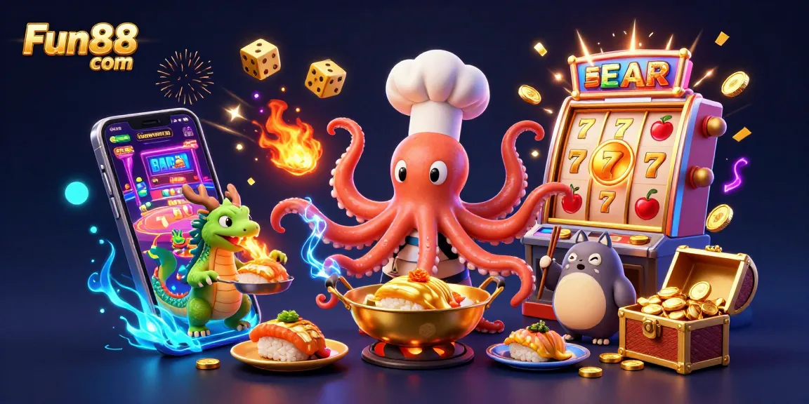 Engage in thrilling gameplay at Fun88 com, featuring a vibrant 3D casino scene with slots, gold, and dragons.