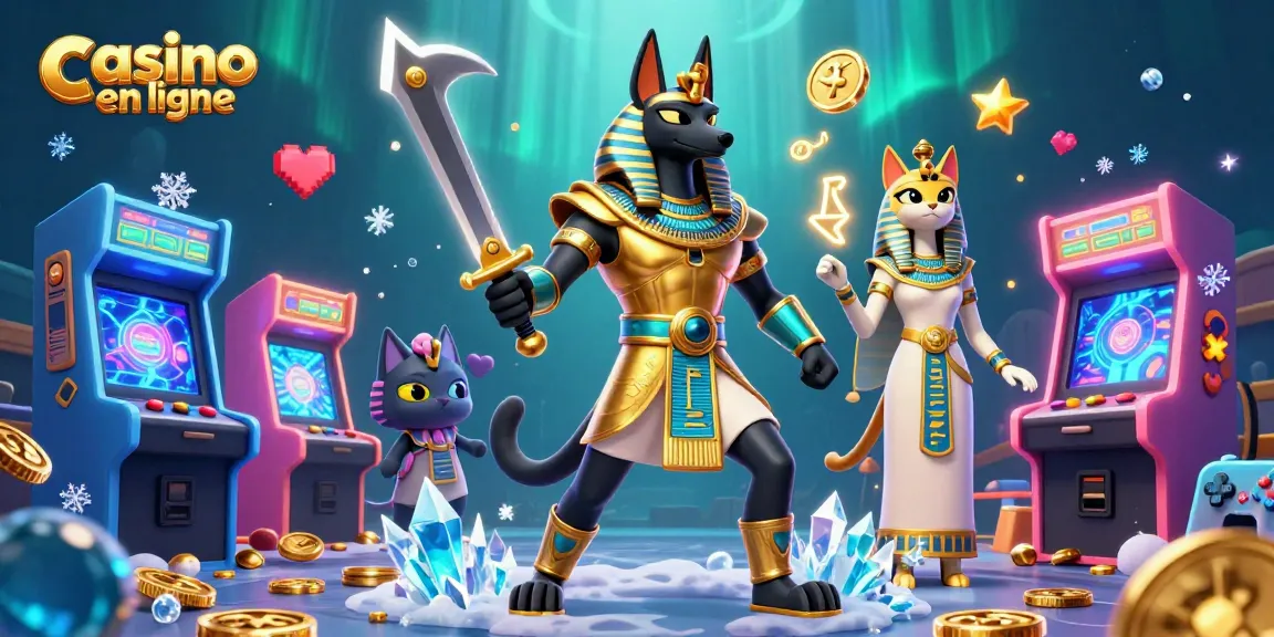Découvrez le casino en ligne avec Anubis et Bastet profitant de jeux d'arcade colorés et d'éléments animés.