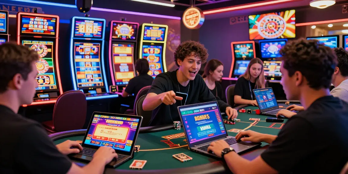 Scène de casino en ligne dynamique avec joueurs interactifs, jeux colorés et ambiance excitante.