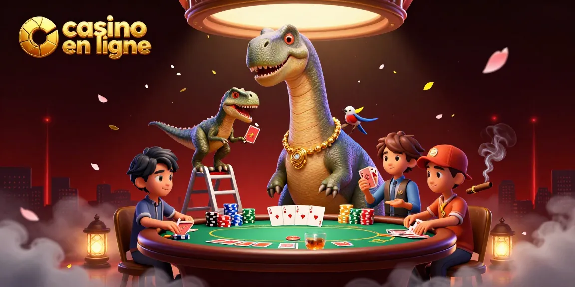 Casino en ligne : illustration d'un brontosaurus au-dessus d'une table de poker, immersive et dynamique.